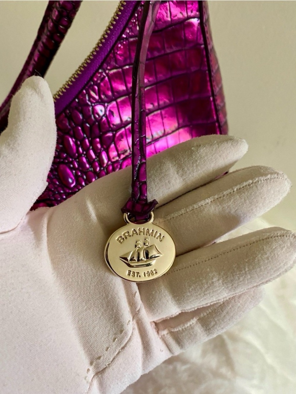 Brahmin Metallic Becka Purple Potion Croc-Embossed Melbourne Shoulder Hobo - Picture 9 of 12